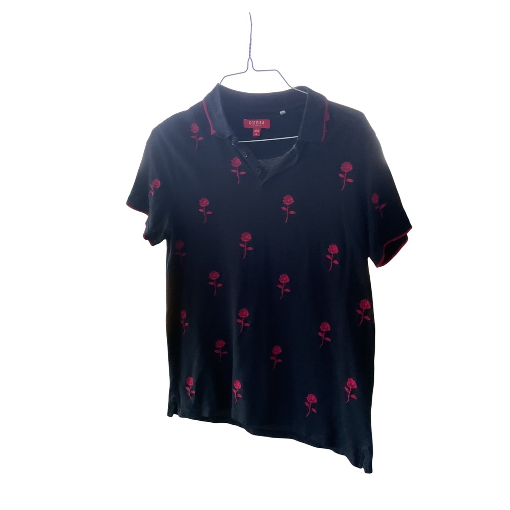 GUESS Polo Shirt Rose‎ Embroidered Short Sleeve Casual Top Black Size M